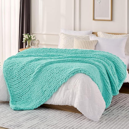 L'AGRATY Chunky Knit Blanket Throw: 60''x80'' Chenille Chunky Knitted Throw Blankets for Bed Couch - Handmade Thick Big Cable Knit Blanket - Large Crochet Rope Blankets for Home Decor(Lake Blue)