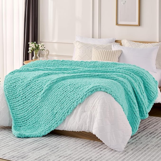 L'AGRATY Chunky Knit Blanket Throw: 50''x60'' Chenille Chunky Knitted Throw Blanket for Bed Couch - Handmade Thick Big Cable Knit Blanket - Large Crochet Rope Blankets for Home Decor(Lake Blue)