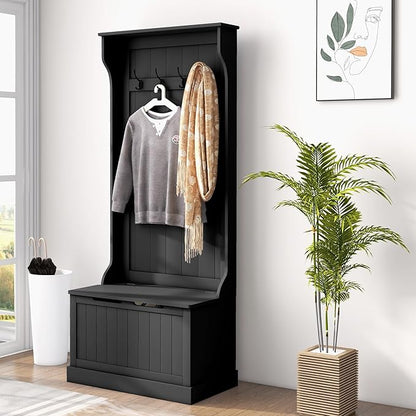 HOMCOM Hall Tree with Bench and Shoe Storage, 3-In-1 Entryway Bench with Coat Rack, 4 Hooks and Flip Top Storage Compartment, Black