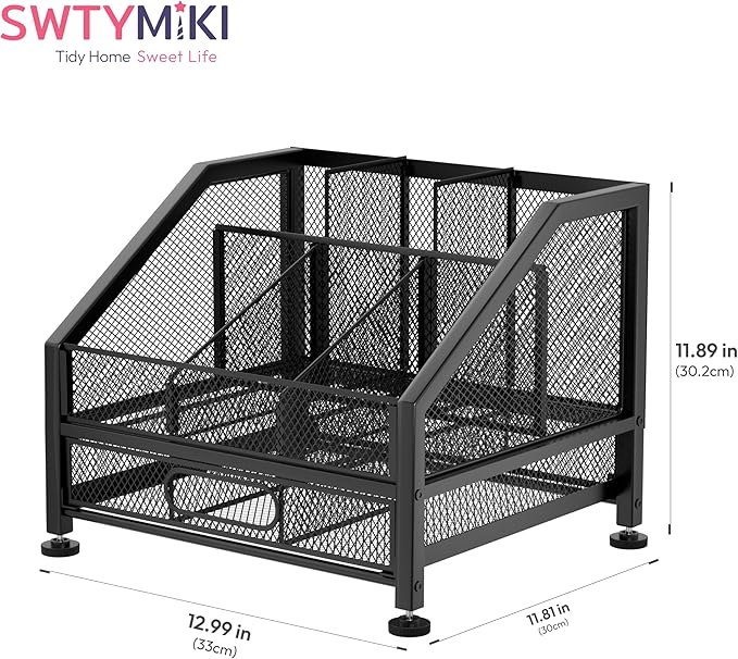 SWTYMIKI Coffee Bar Organizer for Countertop – Space-Saving Kcup Organizer with Drawer and Tiered Shelves, Coffee Station for Pods, Sugar, Syrup, Cups, Stirrers, Condiment Organizer Storage