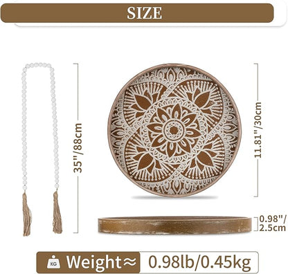 Hanobe Round Decorative Tray for Table: 2Pcs Vintage Coffee Table Trays with Boho Bead Garland for Home Decor - Farmhouse Wood Circle for Kitchen Counter Women