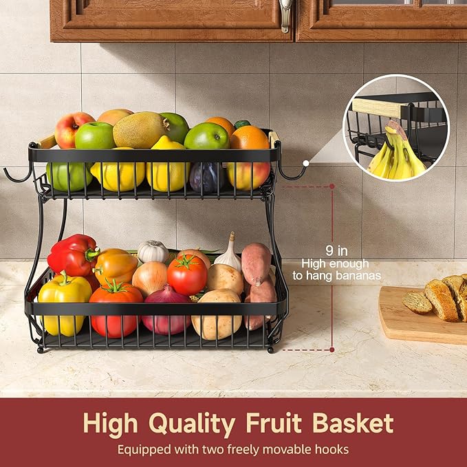 Sevenblue 2 Tier Large Fruit Basket for Kitchen Counter with 2 Mobile Banana Hangers, 2026 Pro Detachable Metal Fruit Bowl with Wooden Handle (Silver, 3 Tier)