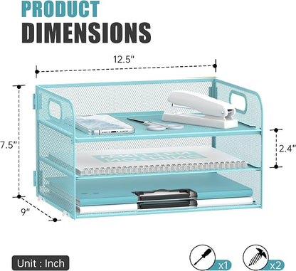 DALTACK 3 Tier Paper Organizer with Handle, Mesh Metal Desk Organizer with Sliding Paper Trays for Letter/A4 Paper, Mail, Bills & Folders, Blue