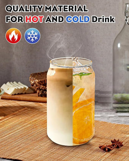 WISIMMALL Drinking Glasses with Bamboo Lids and Glass Straw 8PCS Set, 16oz Glass Cups with Lids and Straws, Beer, Iced Coffee Glasses, Soda, Gift 2 Cleaning Brushes