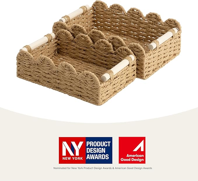 StorageWorks Toilet Paper Storage Basket, Living Room Organizers and Storage, Toilet Paper Basket with Wooden Handles, Small Paper Rope Scalloped Basket, Brown