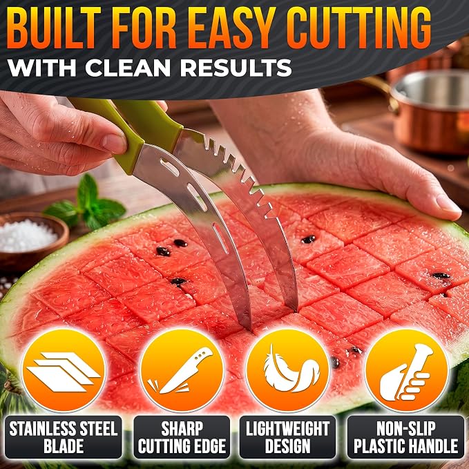 2-in-1 Watermelon Cutter Slicer Tool – Create Clean 1" Cubes & Slices with Watermelon Slicer for Cutting & Serving – Stainless Steel Fruit Cutter for 4th of July BBQ, Picnic, Camping & Snack Prep