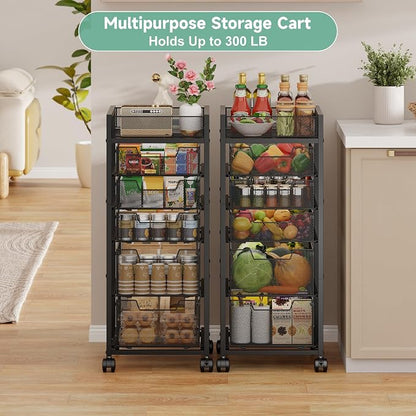 keomaisyto 6-Tier Kitchen Storage Cart with Top Basket & Drawers, Utility Fruit Vegetable Storage Rack on Lockable Wheels, Metal Rolling Snack Cart, Kitchen Organization for Potatoe Onion Can Spice