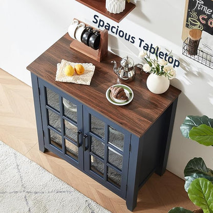 Large Sideboard Buffet Cabinet with Storage, 32" Farmhouse Kitchen Coffee Wine Bar Cabinet with 2 Glass Doors, Wood Mid Century Modern Side Board Table for Dining Room, Living Room, Navy Blue