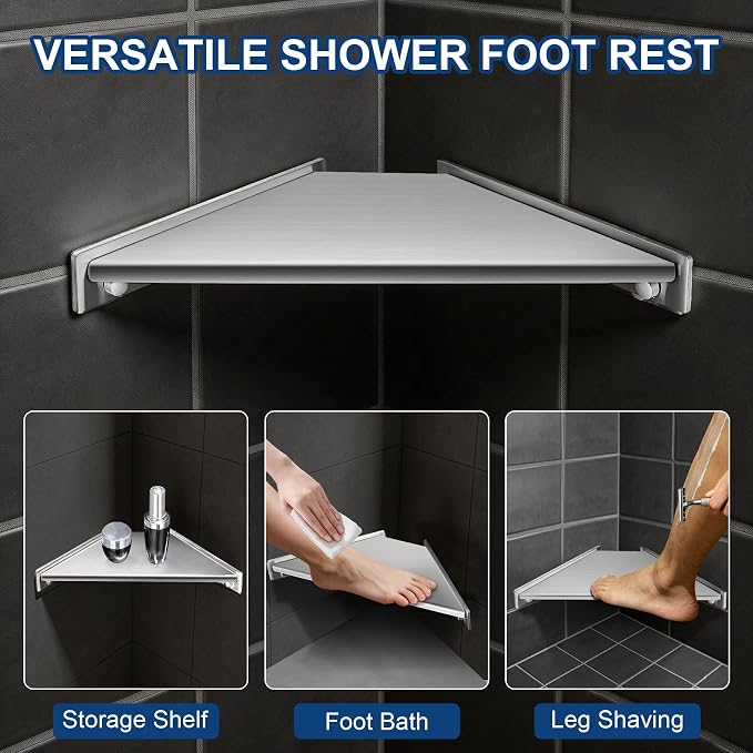 Corner Shower Foot Rest for Shaving Legs, Wall Mounted Shower Step & Shower Shelf 2 in 1, Stainless Steel Shower Foot Ledge, Heavy Duty Corner Shelf for Bathroom, Space Saving Design, Brushed Nickel