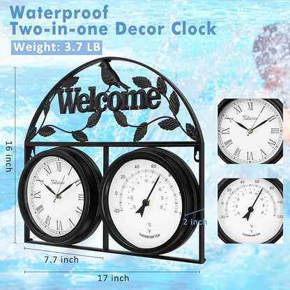 17Inch Large Outdoor Clock,Waterproof Wall Clock with Thermometer,Weatherproof Non-Ticking Quartz Battery Operated Decor Clock for Patio,Garden,Pool,Porch,House Warming Gifts