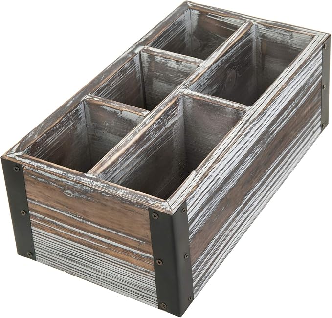 MyGift Remote Control Holder with 5-Compartment, Media Storage Organizer Remote Caddy with Black Metal Corner Wraps, for Table, Desk, Rustic Torched Wood