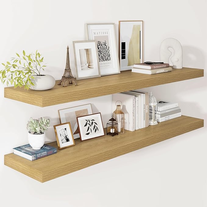 Vivelove 12 Inch Deep Floating Shelves 47.2 inch Long, 2 Inch Thick Wall Shelves with Invisible Brackets, Shelf for Bedroom Bathroom Living Room Kitchen Office Home Decor, Modern Shelf Set of 2, Oak