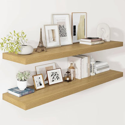 Vivelove 12 Inch Deep Floating Shelves 47.2 inch Long, 2 Inch Thick Wall Shelves with Invisible Brackets, Shelf for Bedroom Bathroom Living Room Kitchen Office Home Decor, Modern Shelf Set of 2, Oak