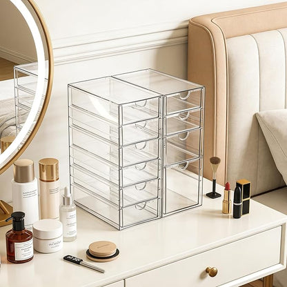 Prsildan Acrylic Drawer Makeup Organizer with 10 Drawers, Set of 2 Office Desk Organizers Accessories, Clear Stackable Storage Drawers for Vanity, Countertop, Craft, Jewelry, Art Supply Organization
