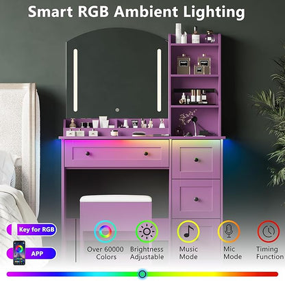 Vanity Desk with Mirror and Lights & Power Outlet, Makeup Vanity Set with Chair & RGB Ambient Light, Girls Vanity Dressing Table with 3 Lighting Modes & Adjustable Brightness for Bedroom, Purple
