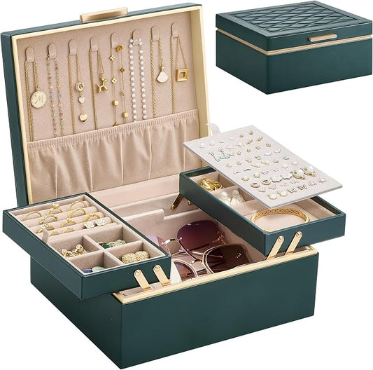 Lolalet Jewelry Box Organizer for Women Girls, 2 Layer Jewelry Organizers and Storage for Necklace Earrings Rings Bracelets, Large Jewellery Holder Case Birthday Gifts -DarkEmerald