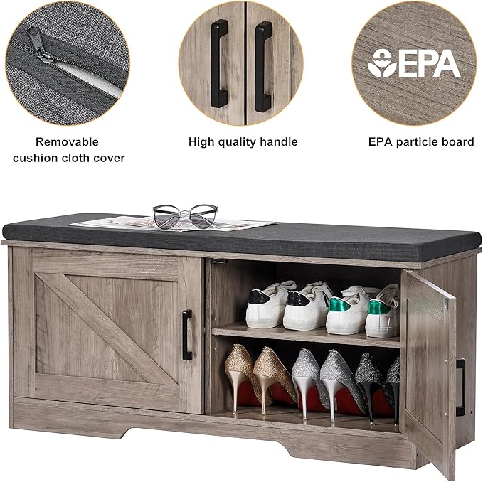 2-Tier Storage Bench, 39.4" Wide Shoe Bench with Padded Seat Cushion, Entryway Bench with 2 Barn Doors and Adjustable Shelf, Greige