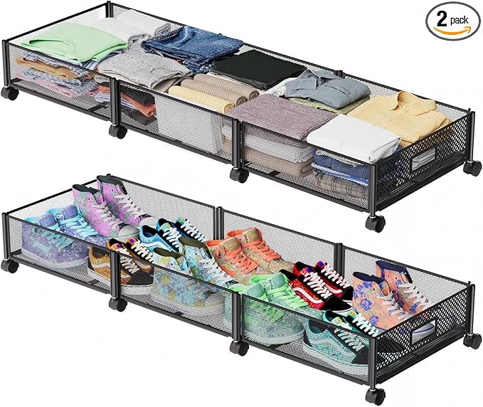 Under Bed Storage with Wheels 47.2"(L)/57.6L Large Rolling Under Bed Storage, Metal Underbed Containers on Wheels, Tool-Free Assembly Foldable Metal Underbed Drawers for Shoes Clothes Toys