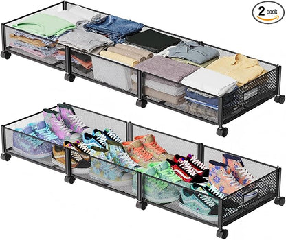 Under Bed Storage with Wheels 47.2"(L)/57.6L Large Rolling Under Bed Storage, Metal Underbed Containers on Wheels, Tool-Free Assembly Foldable Metal Underbed Drawers for Shoes Clothes Toys