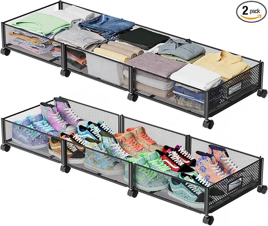 Under Bed Storage with Wheels 47.2"(L)/57.6L Large Rolling Under Bed Storage, Metal Underbed Containers on Wheels, Tool-Free Assembly Foldable Metal Underbed Drawers for Shoes Clothes Toys