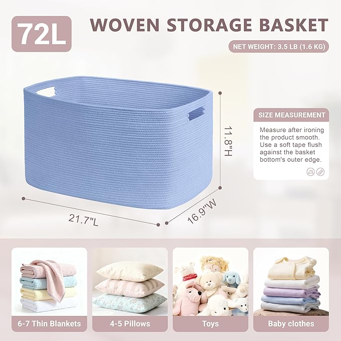 SunNewt 72L Large Baby Girls Laundry Basket for Nursery Storage,Cute Woven cotton Rope Baskets for Kids Toy，Gifts, Boho Square Wicker Blanket hamper for Living Room,Bedroom Dirty Clothes,Blue Purple
