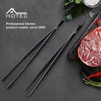 HOTEC Kitchen Tweezers Tongs Stainless Steel Professional Chef Tweezers, Set of 2-12inch Extra-Long Food Tongs for Cooking,Grill and Baking