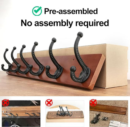 WEBI Rustic Coat Rack Wall Mount,24" Long 6 Cast Iron Coat Hooks Wall Mounted,Heavy Duty Wood Wall Coat Hanger Hooks for Hanging Coats,Jacket,Clothes,Backpack,Farmhouse,Cherry