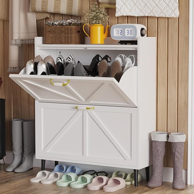 Shoe Storage Cabinet for Entryway with 2 Flip Drawers, Metal Slim Narrow Shoe Cabinet, Freestanding Hidden Shoe Organizer for Foyer, Hallway, Entryway - White