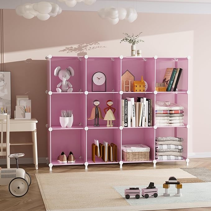 AWTATOS Cube Storage Organizer Protable Closet Organizers and Storage for Kids DIY Stackable 12 Cube Storage Shelves Clothes Organizer for Bedroom, Home, Pink