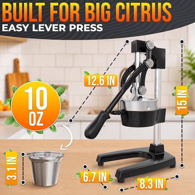 Cast Iron Juicer Hand Press, Heavy-Duty Squeezer – One Pull Extracts Full Juice with No Electricity – Manual Citrus Press Juicer & Orange Squeezer for Lemon, Lime, and Lemonade at Home or Bar (Black)