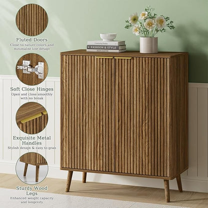 Fluted Shoe Cabinet with Doors 2Pcs, 5-Tier Shoe Storage Cabinet for Entryway Slim, Wooden Hidden Shoe Organizer Cabinet with Adjustable Shelves and Solid Legs for Hallway, Natural Oak