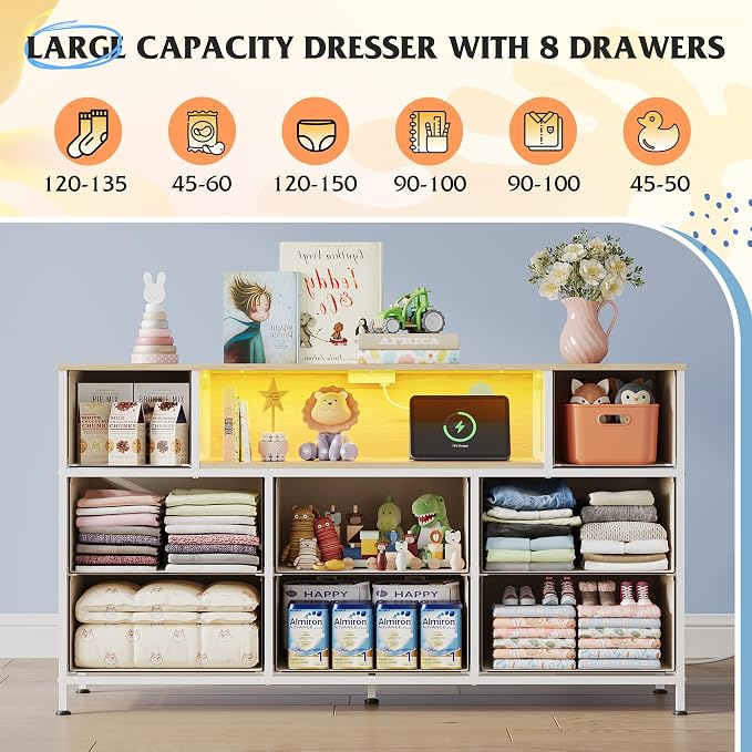 WLIVE Dresser TV Stand for 45, 50, 55 inch TV, Entertainment Center with LED Lights & Charging Station, Chest of Drawers with 8 Fabric Drawers and Open Shelves for Living Room, Hallway, Cream White