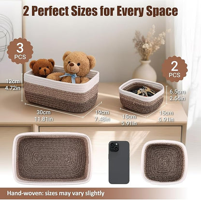 5-Pack Small Woven Rope Storage Baskets – 2 Sizes Organizer Bins for Closet, Shelf, Bookshelf, Nursery, Changing Table, Fabric Cube Boxes, Rectangular Shallow Bins for Bathroom, Toy & Home