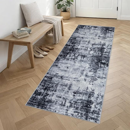 Washable Area Rug 3x10 Entryway Rug: Washable Modern Abstract Soft Thin Rug Indoor Floor No Slip Stain Resistant Carpet for Bedroom Dining Room Farmhouse Nursery Home Office - Dark Black