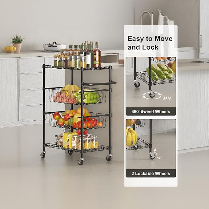 LinTimes 4 Tier Rolling Cart, 110 LB Capacity, Locking Casters & Handle Bar, Wire Storage Rack for Kitchen, Restaurant, Garage, Black