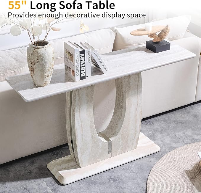 55" Console Table for Entryway, Narrow Sofa Entrance Table with Faux Mars Marble Pattern, Modern Sofa Tables with U-Shaped Base for Living Room, Hallway, Foyer, Home Office, Beige Light