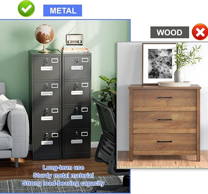 SUXXAN 4 Drawer File Cabinet, Metal Vertical Black Filing Cabinets with Locks Name Card Holder for Home Office, Assembly Required