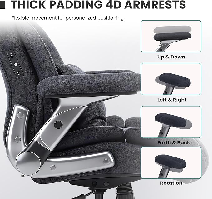 750lbs Heavy Duty Desk Chair with 3D Kneading Massage, Big and Tall Office Chairs with Ergonomic Support, 4D Armrests, 5 Quiet Dual Rubber Wheel, Thick Spring Cushion(Black-Fabric)