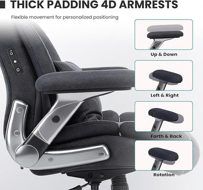 750lbs Heavy Duty Desk Chair with 3D Kneading Massage, Big and Tall Office Chairs with Ergonomic Support, 4D Armrests, 5 Quiet Dual Rubber Wheel, Thick Spring Cushion(Black-Fabric)