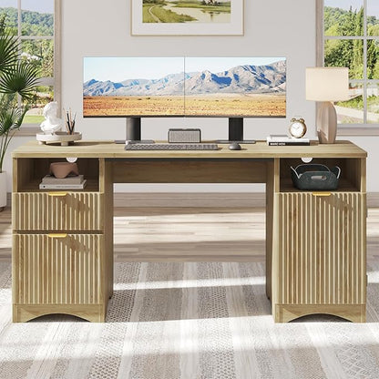 Bestier Computer Desk with 2 Drawer, 59 inch Office Desk with Storage Cabinet & 2 Open Storage, Fluted Executive Desk for Home Office & Studio, Brown Oak