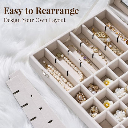 48 Grid Earring Organizer and Storage: Velvet Jewelry Tray with Lid, Jewelry Box for Studs, Earrings, Rings, Necklaces, Dresser & Vanity, Earrings Case for Girls, Women, 13"x8.6"x2.4", Beige