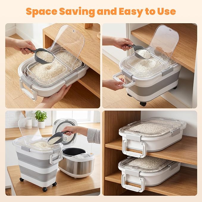 30 Lbs Rice Storage Container with Wheels, Collapsible Airtight Dog Food Storage Container with Transparent Lid, Measuring Cup, Scoop, Handle, BPA Free Rice Holder for Pet Food, Grain, Bird Seed