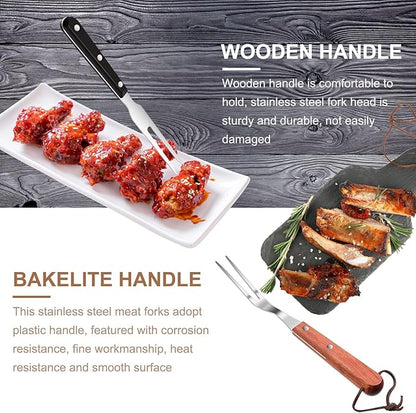 2 Pieces Meat Fork Stainless Steel Carving Fork with Wood Handle Cooking BBQ Grill Steak Tool for Kitchen Barbecue Serving Cooking Grilling Roasting 10.5 Inches, Round Handle