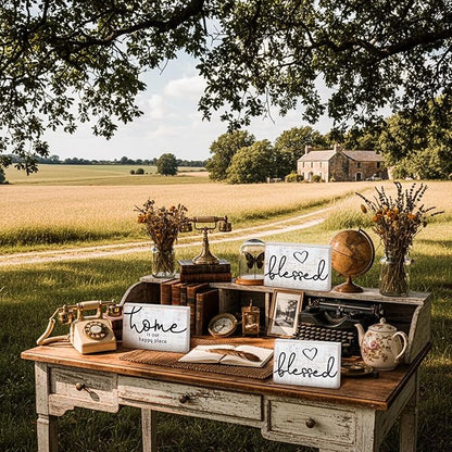 Jetec 3 Pcs Wooden Family Sign Rustic Blessed Home Wall Art Mini Wood Wall Decor Farmhouse Table Shelves Decoration Sign for Bedroom Kitchen Living Room Table Decor (Retro Color,7 x5 x 0.59 in)