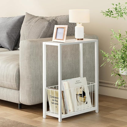 Narrow Side Table with Magazine Holder, Skinny End Table Perfect for Small Spaces, Space-Saving Design for Living Room, Bedroom, or Office, 7.1" D x 16.9" W x 23.6" H, White