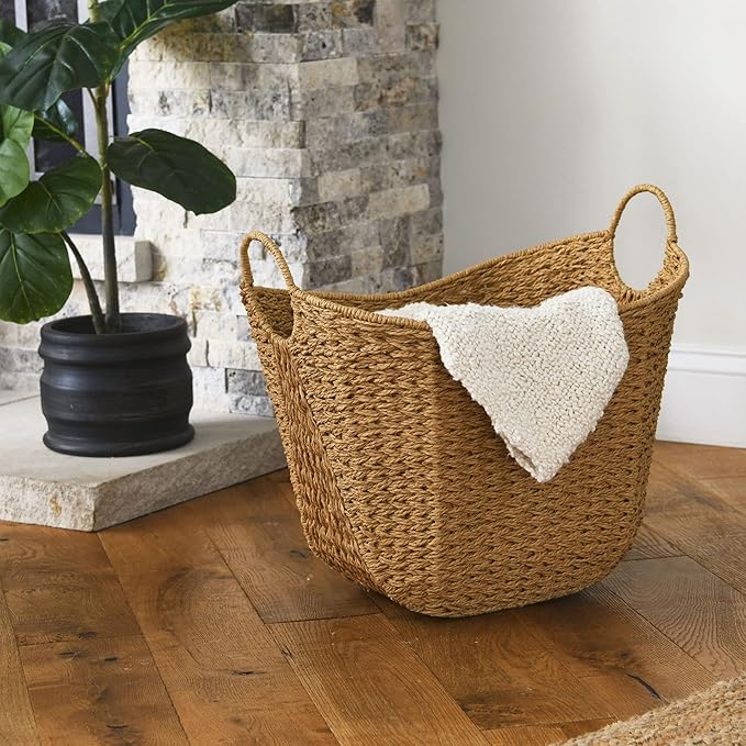 Household Essentials Natural Paper Rope Basket with Handles, Natural Woven Woven Storage Basket, Great for Decoration or Organization