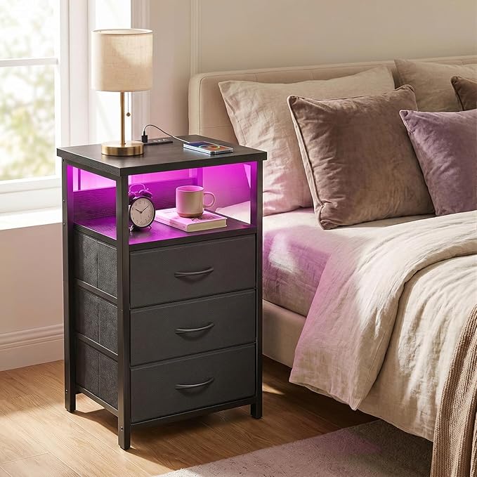 Fixwal Night Stand with 3 Fabric Storage Drawers, LED Nightstand with Charging Station, Bedside Table, Black