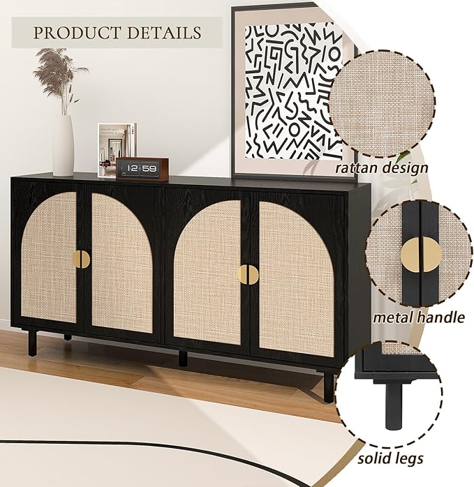 Black Sideboard Buffet Cabinet, 4-Door Rattan Storage Cabinet, Coffee Bar with Adjustable Shelf, Accent Furniture for Living Room, Entryway, Home Office, Black