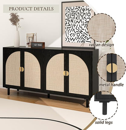 Black Sideboard Buffet Cabinet, 4-Door Rattan Storage Cabinet, Coffee Bar with Adjustable Shelf, Accent Furniture for Living Room, Entryway, Home Office, Black