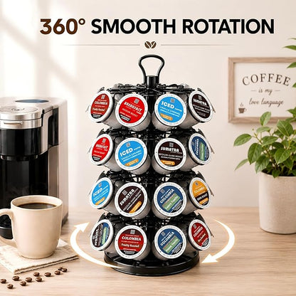 K Cup Holder-Coffee Pod Holder Organizer for 36 K-Cup Pods, 4-Tier Coffee Pod Carousel Compatible with K-Cups, 360° Rotating with Stable Base, Space-Saving for Kitchen Countertop & Office, Black